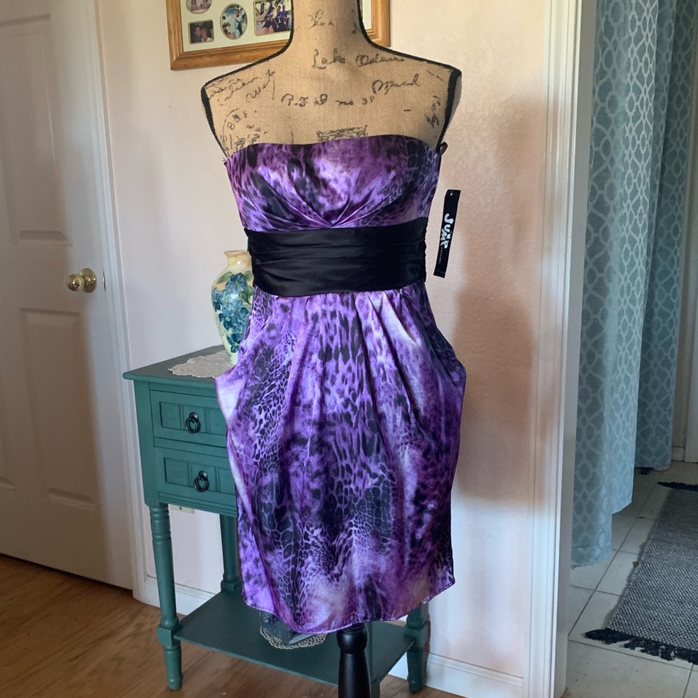 NEW! Jump Apparel Strapless Purple & Black "fancy" Dress Sz 3/4 Has Pockets!